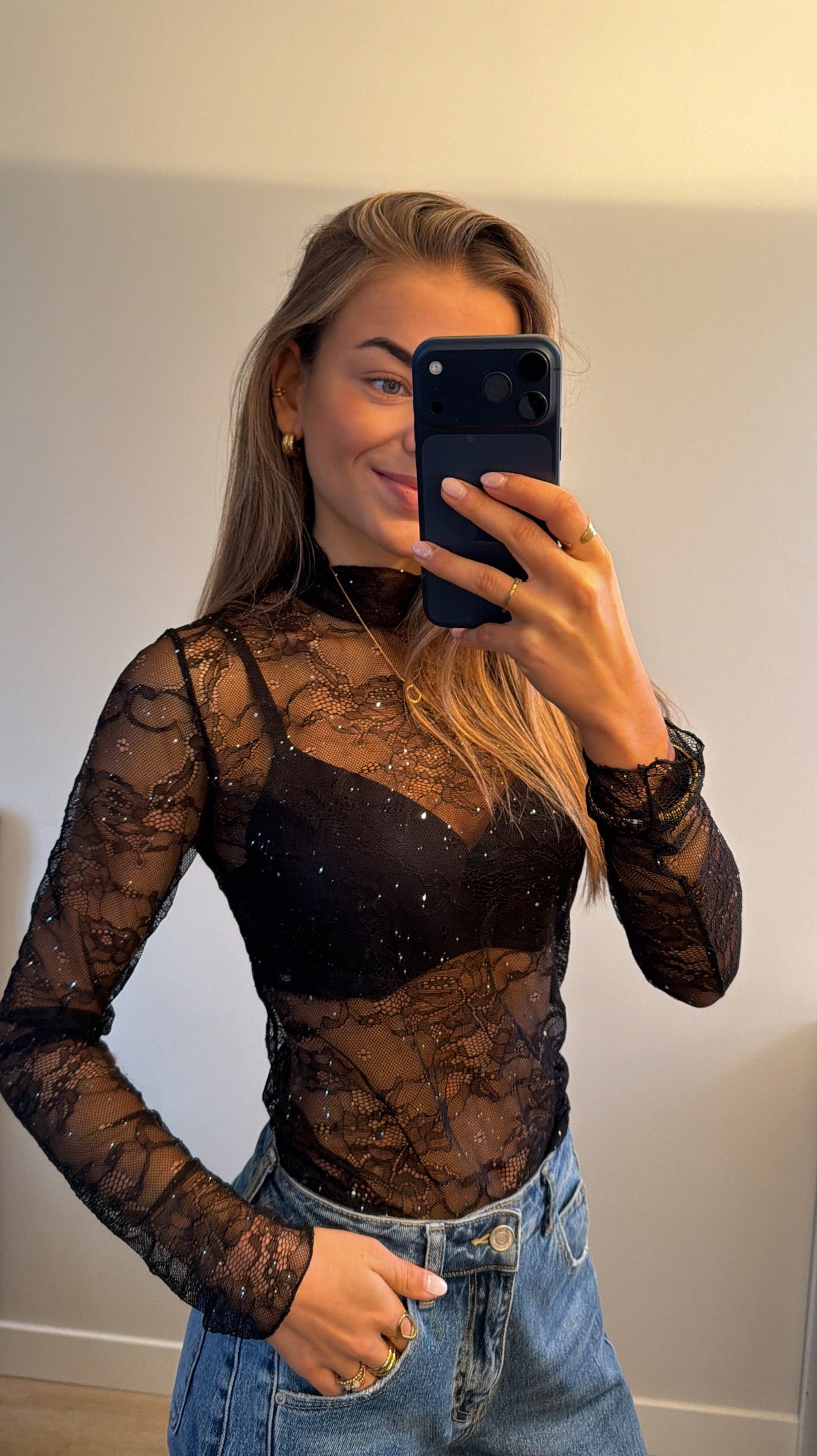 Kanten glitter top zwart Daan