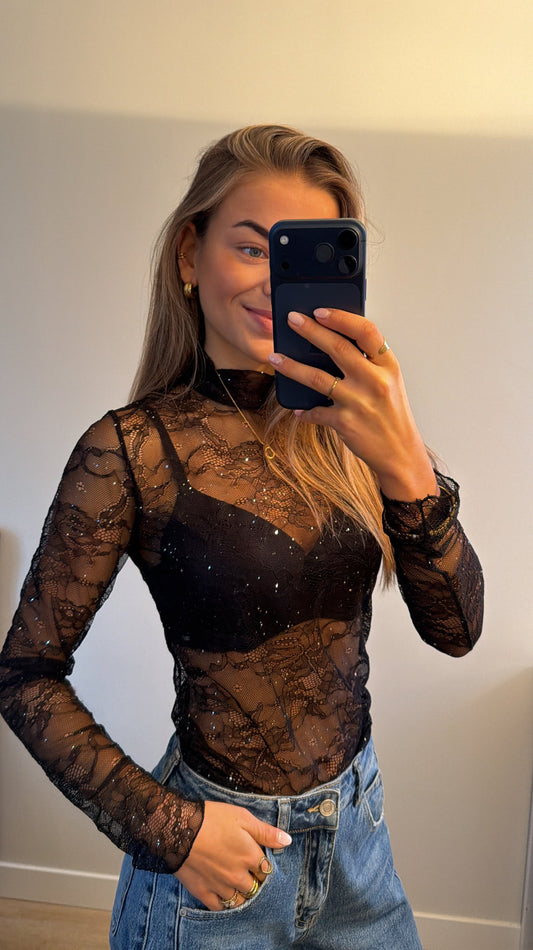 Kanten glitter top zwart Daan