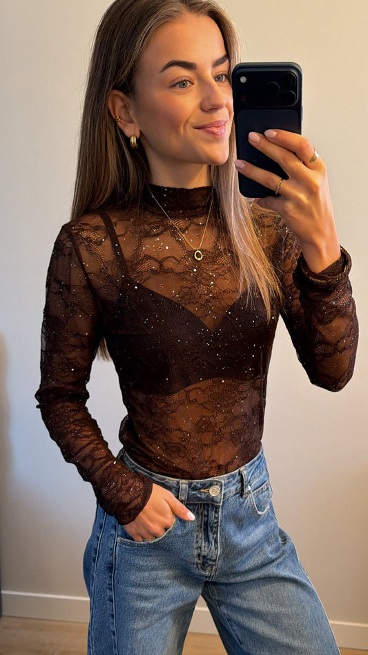 Kanten glitter top bruin Daan