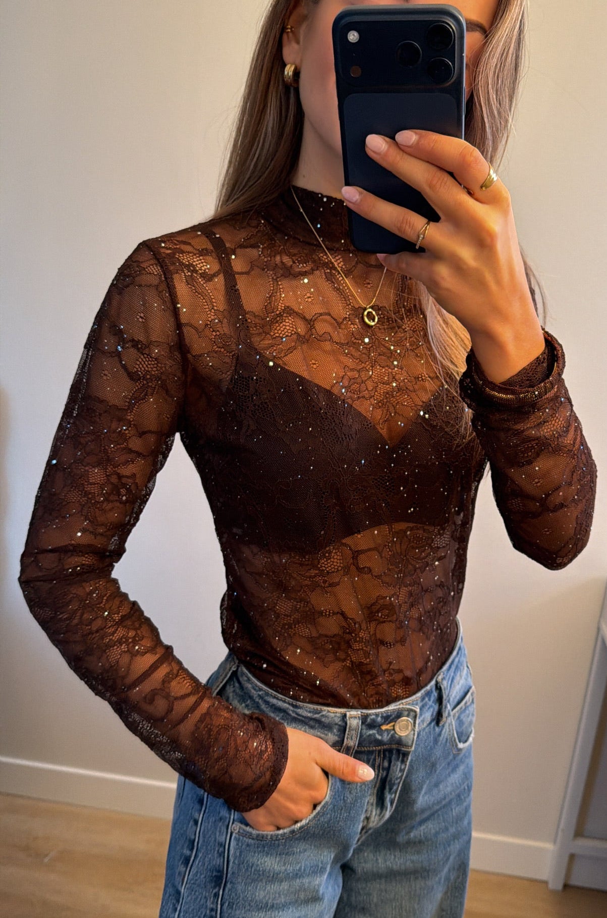 Kanten glitter top bruin Daan