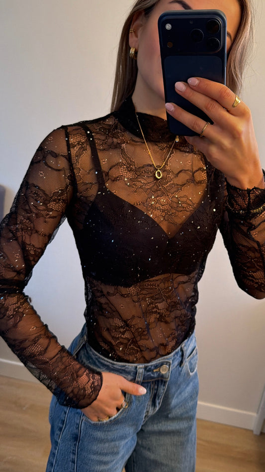 Kanten glitter top zwart Daan